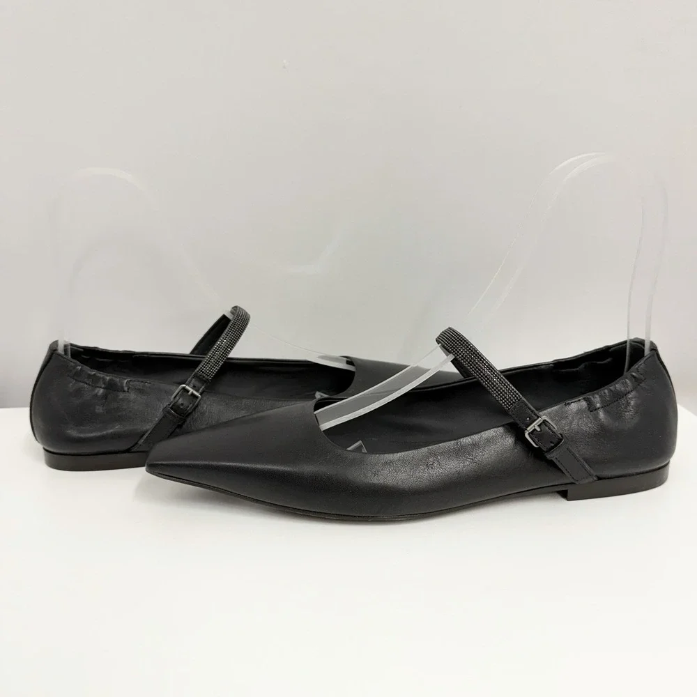 Brunello Cucinelli Mary Jane Leather Shoes Black Monili Crystal NWT $1350 38 1/2